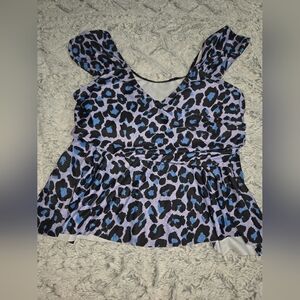 Blue & Black Leopard Print V‑Neck Swim Top